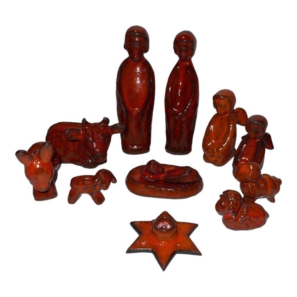 Vintage Gotek Nativity Scene Antique Red Glaze Clay Pottery Small 1-5” 12 Pc MCM